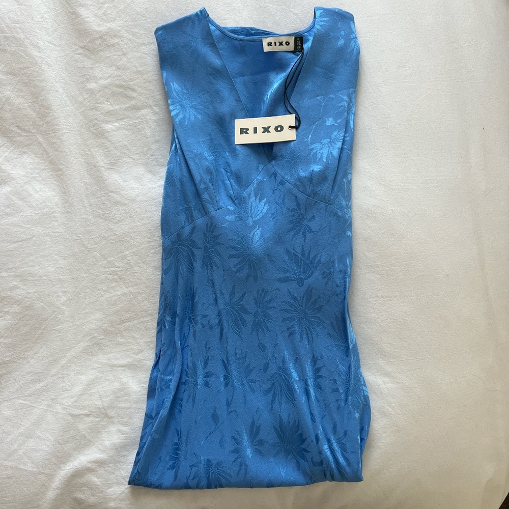 Rixo London Zadie Daisy Jacquard Blue Leafy Midi Dress